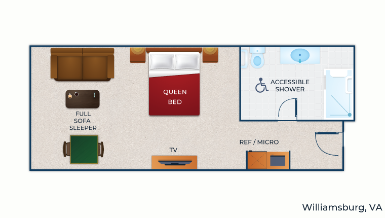 The floor plan for the Queen Sofa Suite (Accessible Shower)